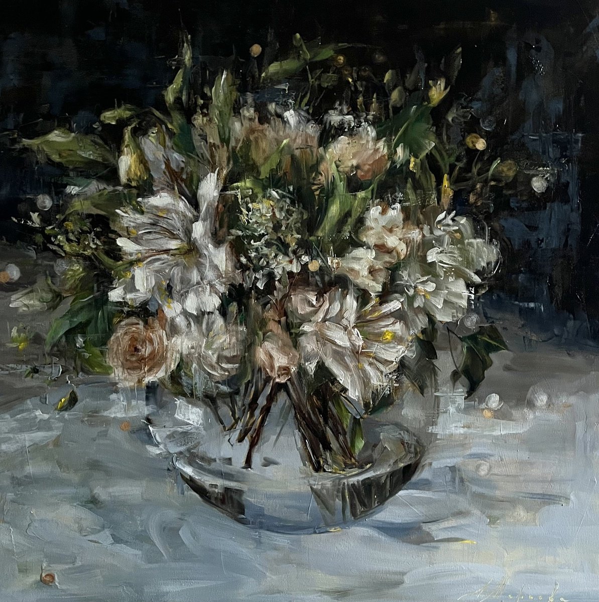 Impressionistic Botanical Oil Painting By Elena Mashajeva-Agraphiotis, 31 X 31, Flowers For Me, Original Artwork