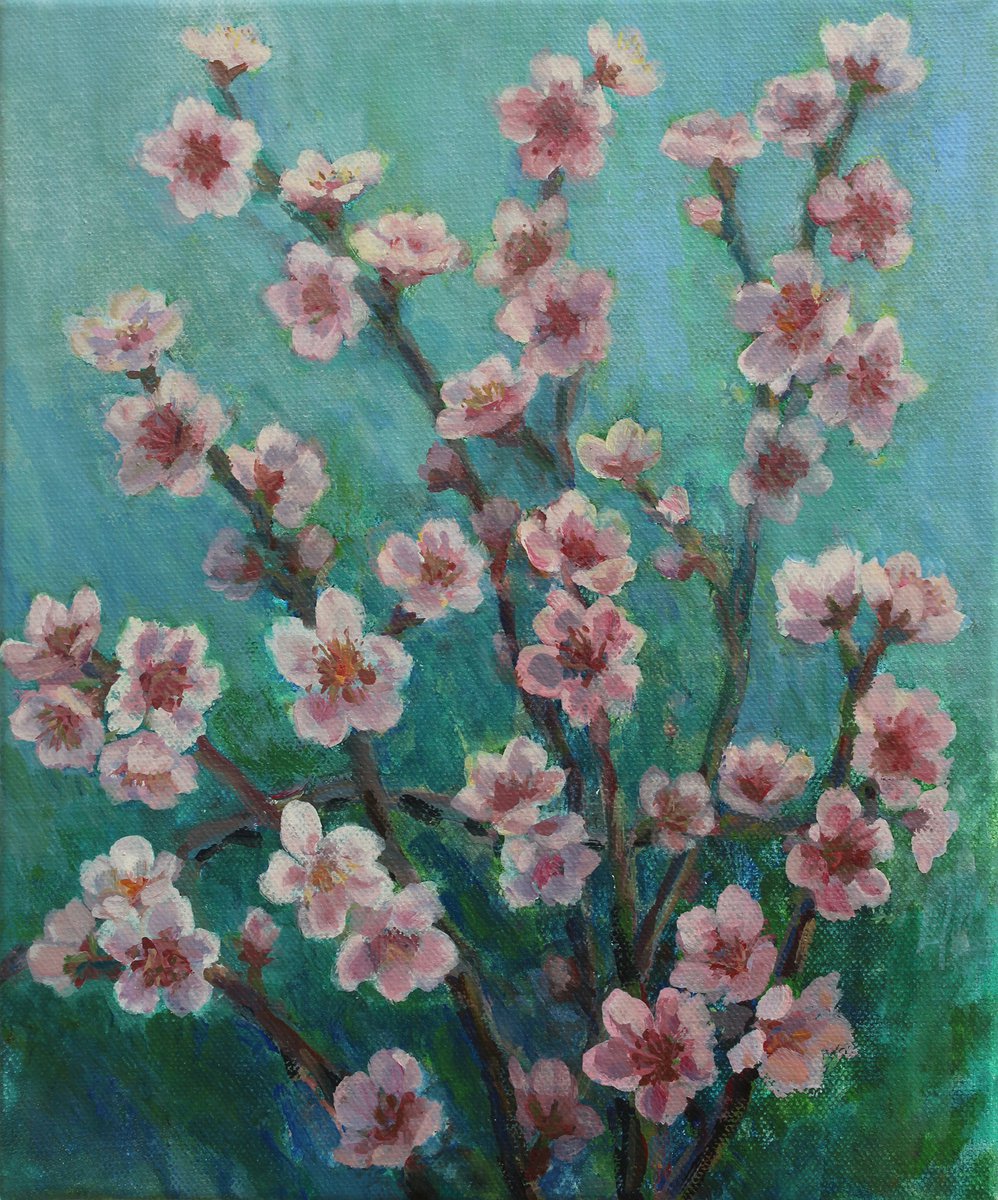 Peach Blossoms / Cvetovi breskve, 2020, acrylic on canvas, 30 x 25 cm by Alenka Koderman