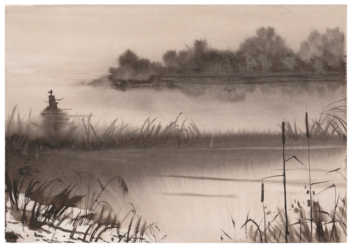 Impressionistic Landscape Ink Drawing By Yulia Schuster, 12 X 8", Monochrome Landscape V3, Original Artwork