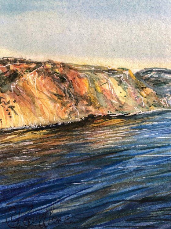 ROCKY COASTLINE, Original Fine Art Detailed Mini Seascape Horizontal Watercolor Painting