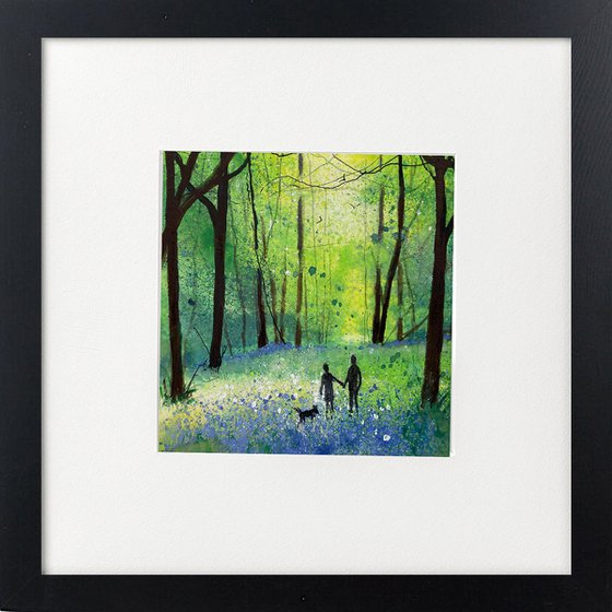 Dog walk in Bluebells Framed