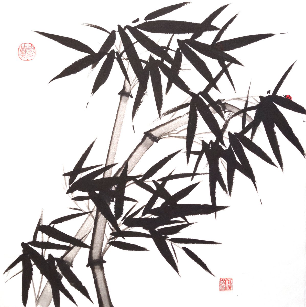 Two bamboos with a red ladybug - Bamboo series No. 2106 - Oriental Chinese Ink Painting by Ilana Shechter