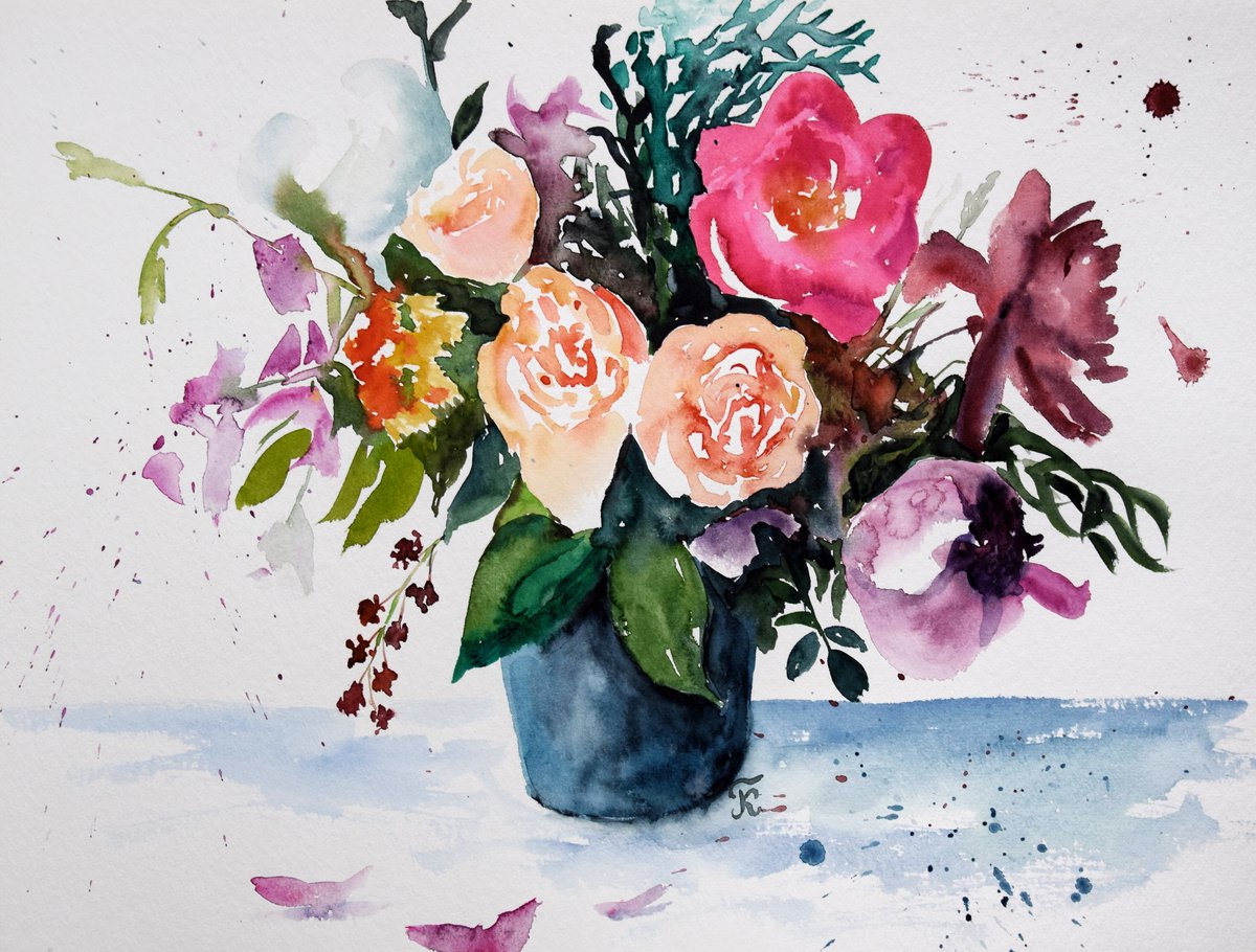 Flower bouquet painting, roses wall art, poppy original artwork, floral decor by Kate Grishakova