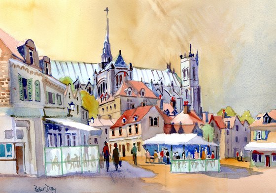 Amiens Cathedral, France. Busy scene with cafes