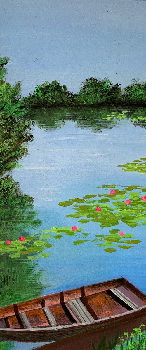 Boat near water lily pond-1 ! A4 size Painting on paper by Amita Dand