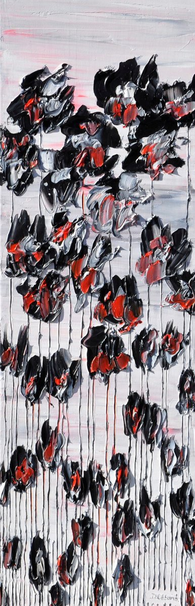 Impressionistic Botanical Oil Painting By Daniel Urbani?k, 8 X 24, Black Poppies 2, Original Artwork