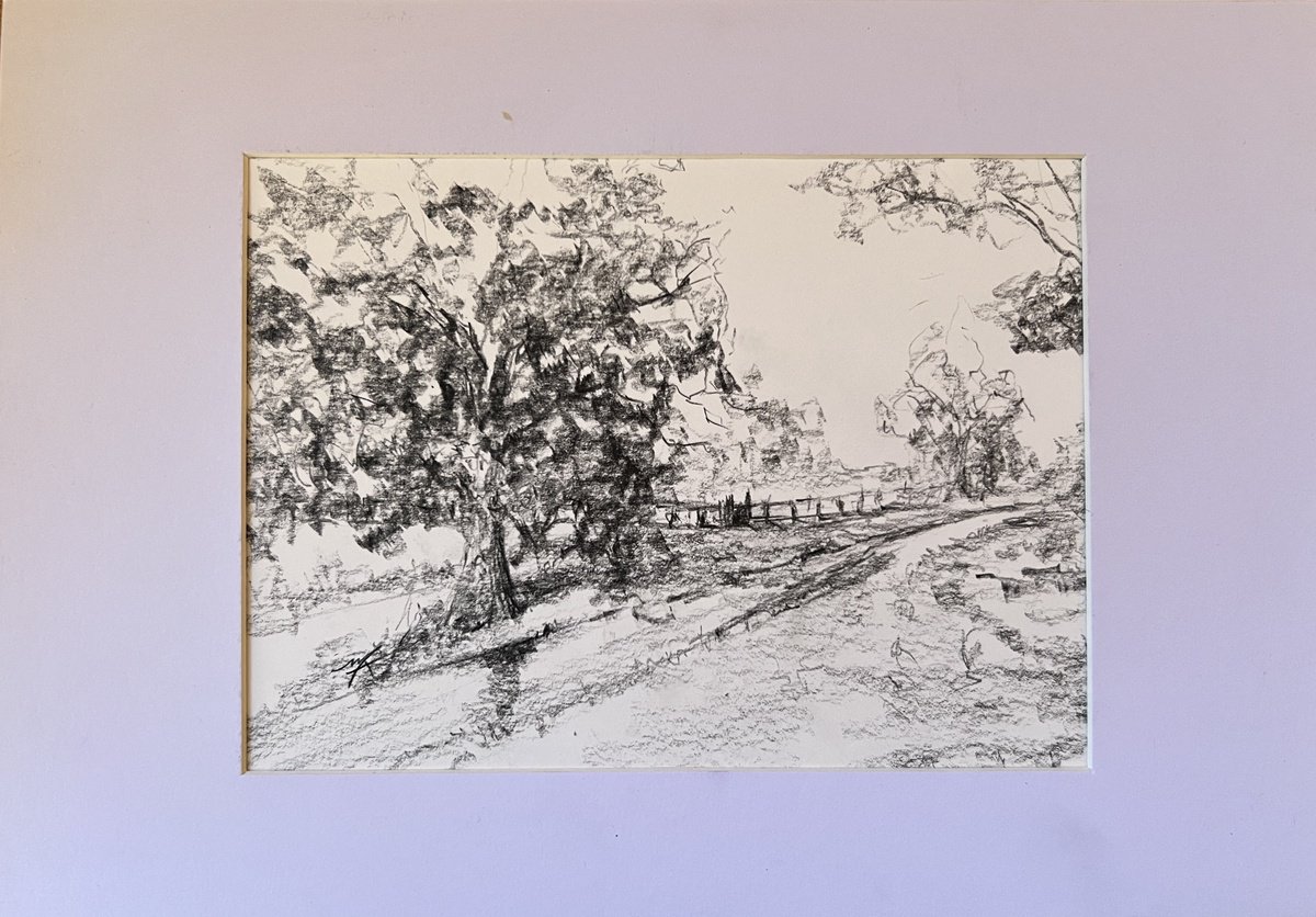 Impressionistic Landscape Pencil Drawing By Maxence Ma, 11 X 8", The Quiet Path, Original Artwork