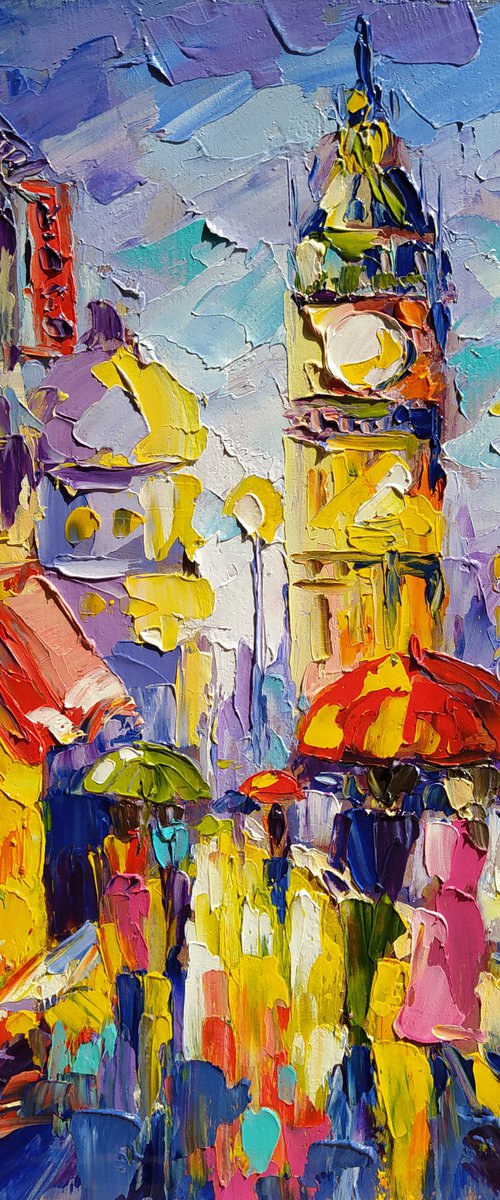 Walk near Big Ben - cityscape, umbrella, oil painting, city, gift idea, gift, oil painting, Big Ben, London, United Kingdom by Anastasia Kozorez