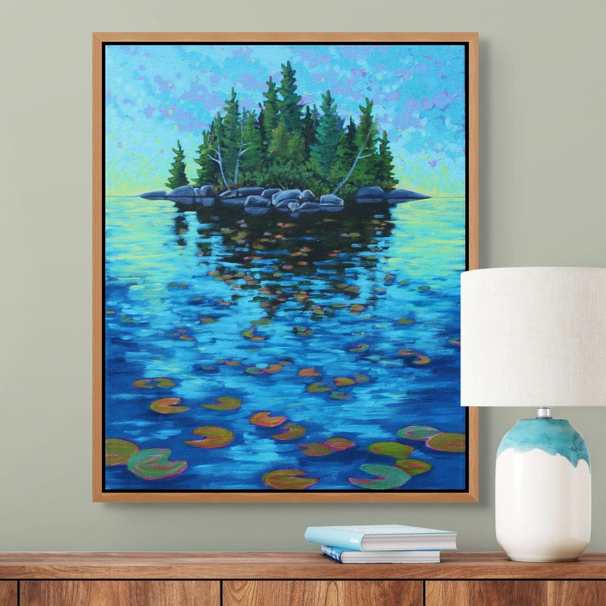 Impressionistic Landscape Acrylic Painting By Sage Mountain Studio, 24 X 30", Island With Water Lilies, Original Artwork