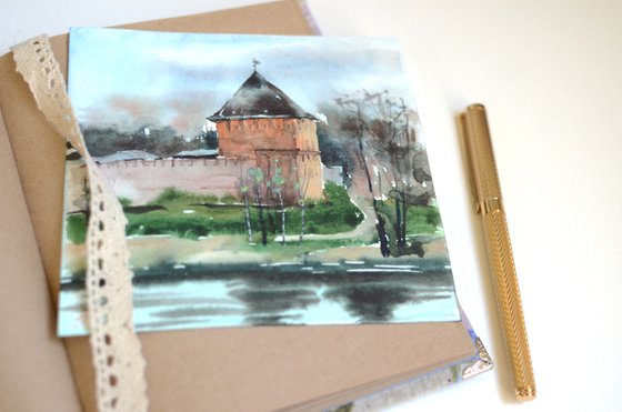 Old fortress of Veliky Novgorod, small watercolor
