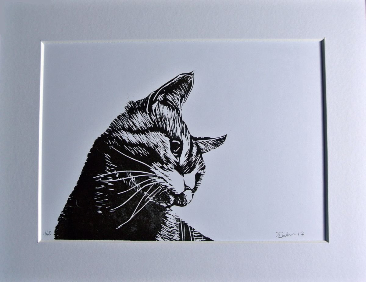 Cat Linocut, Print on Paper, Mounted by Alex Jabore