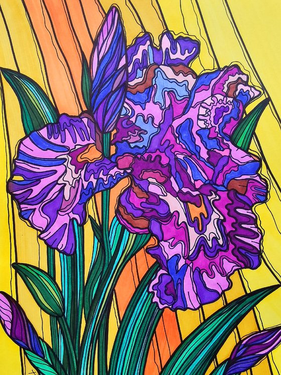 Irises - purple lilac yellow abstract flowers in stained glass cubism style