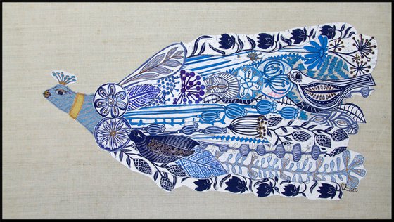Queen of Bluebirds, linocut textile collage with all handprinted fabrics and embroidery