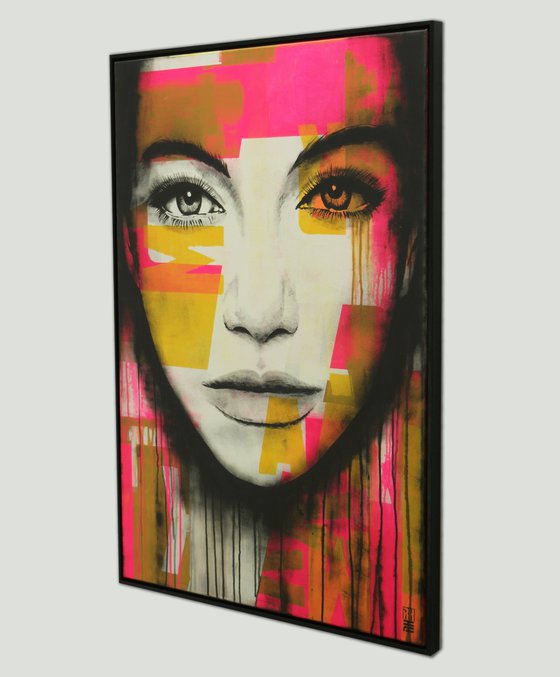 Portrait - Incl Frame - Pop Art Girl Painting - Neon Pink - Bright Eyes in White -