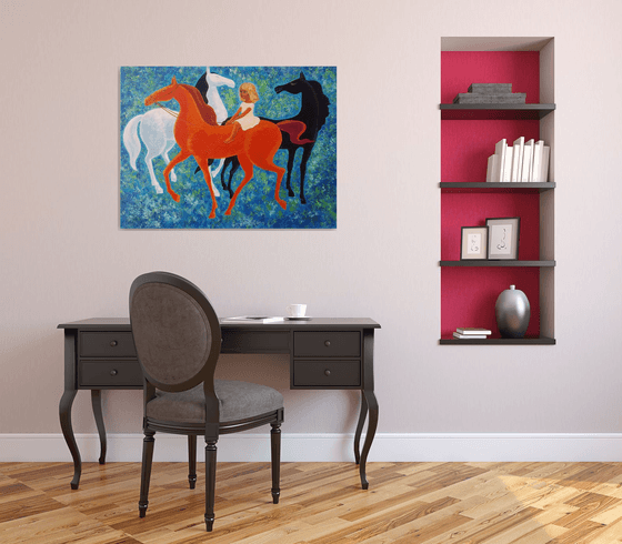 Girl And Three Horses