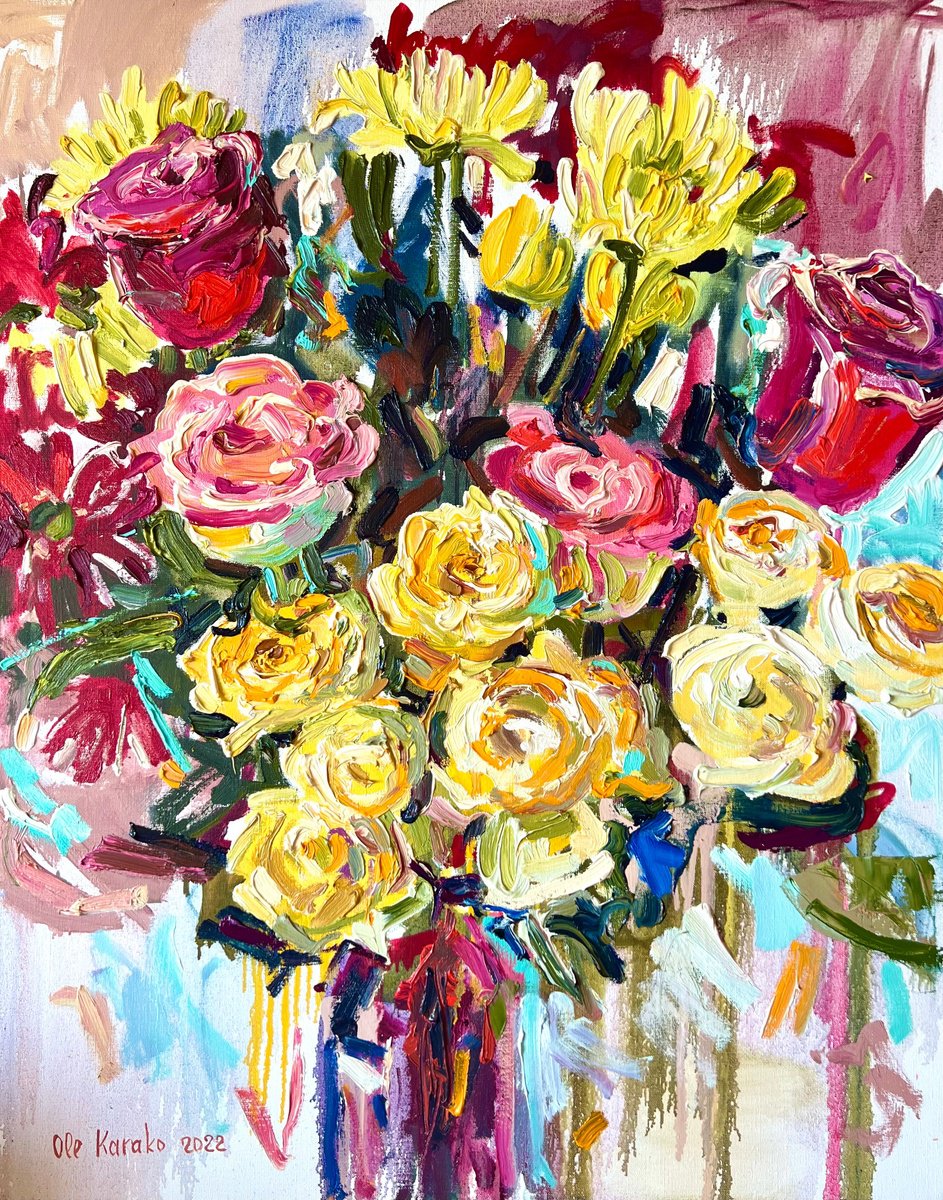 Impressionistic Botanical Oil Painting By Ole Karako, 31 X 39", Yellow And Red, Original Artwork