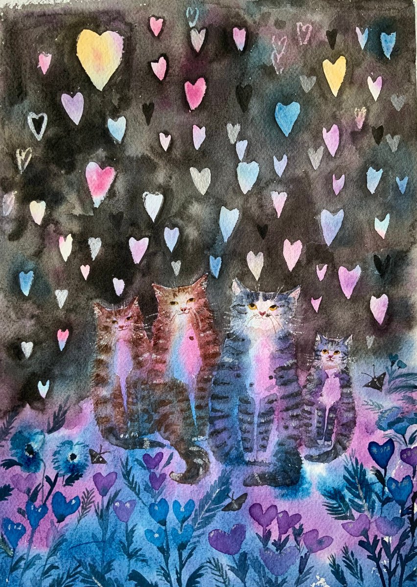 Impressionistic Animal Watercolour By Mary Stubberfield, 11 X 15", Cats And Hearts, Original Artwork