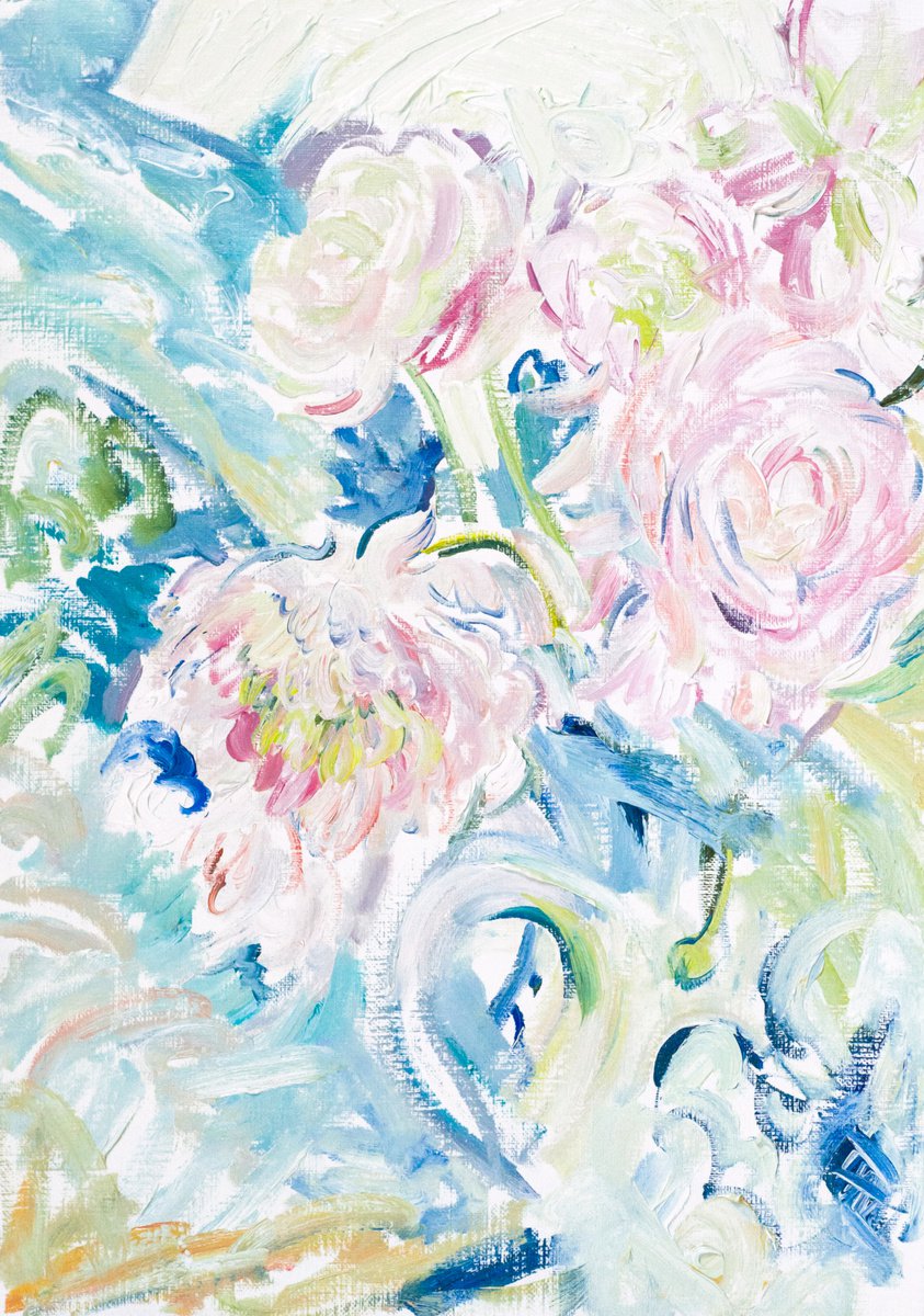 Impressionistic Botanical Oil Painting By Daria Galinski, 9 X 13, Light Pink Ranunculus, Original Artwork