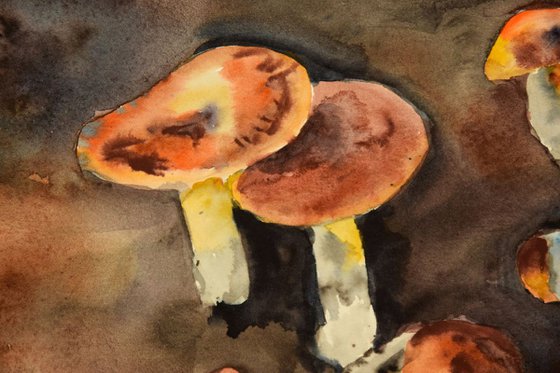 Mushrooms original watercolor painting, fall woodland harvest, farmhouse decor