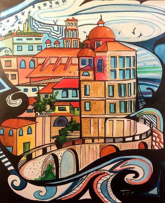 The road that curves over the sea - original acrylic on canvas 61 x 51 cm / 24' x 20'  inches