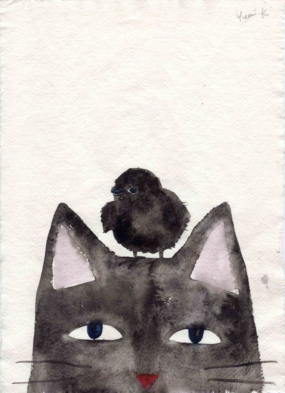 Black cat and baby crow