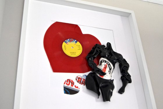 Wall Mounted White Box Framed Vinyl Music Record Sculpture with Red Love Heart