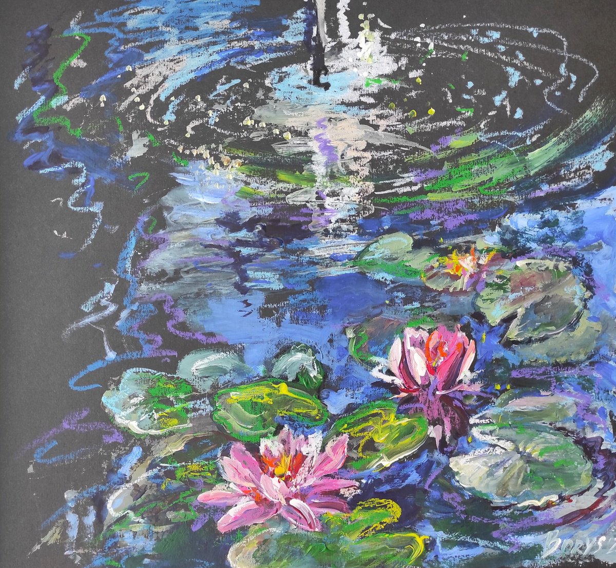 Impressionistic Botanical Acrylic Painting By Tetiana Borys, 12 X 12", Small Lilies In The Water, Original Artwork