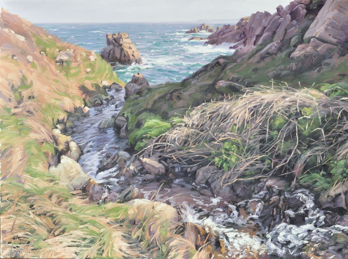 Impressionistic Landscape Oil Painting By Anne Baudequin, 32 X 24, Brittany, Coastal Stream, Original Artwork