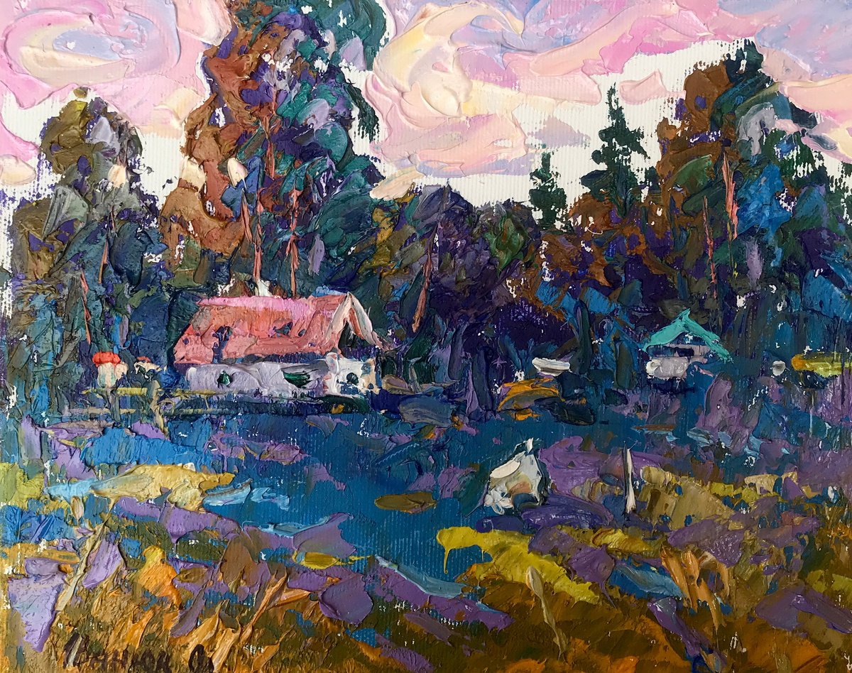 Impressionistic Landscape Oil Painting By Kalenyuk Alex, 10 X 8", A House From The Edge, Original Artwork