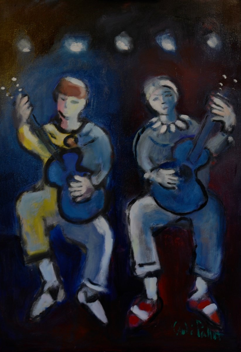 Impressionistic Portrait Oil Painting By Andre Pallat, 24 X 36, Blue Guitars, Original Artwork