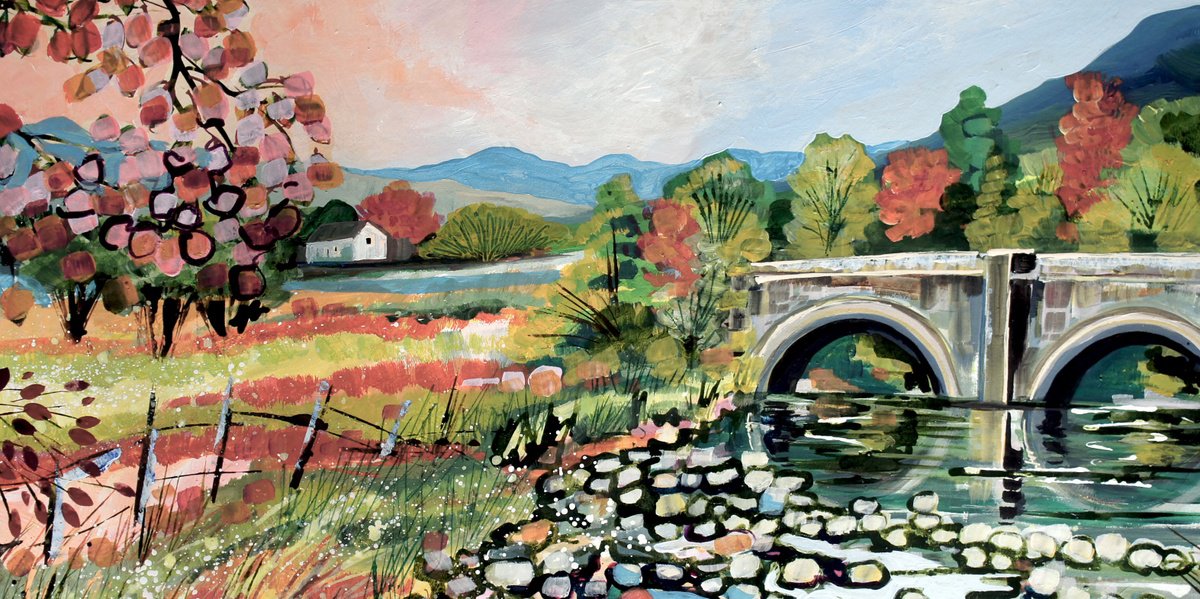 Impressionistic Landscape Acrylic Painting By Julia Rigby, 25 X 12", Dales Bridge, Original Artwork