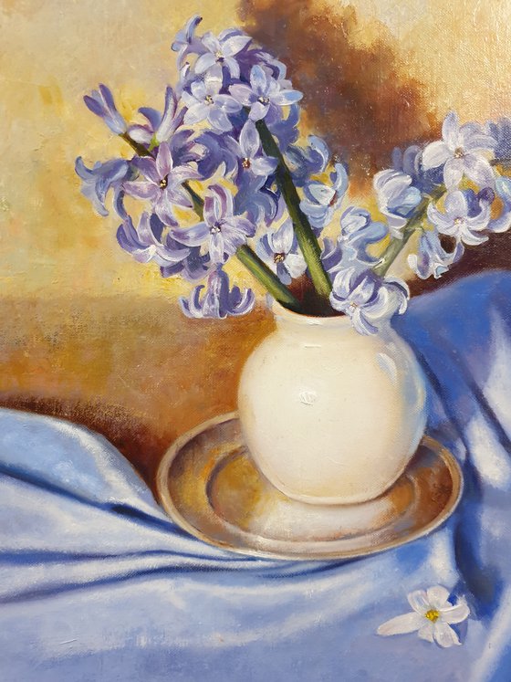 "Blue hyacinths in a white vase" still life flowers hyacinths liGHt original painting   GIFT (2020)