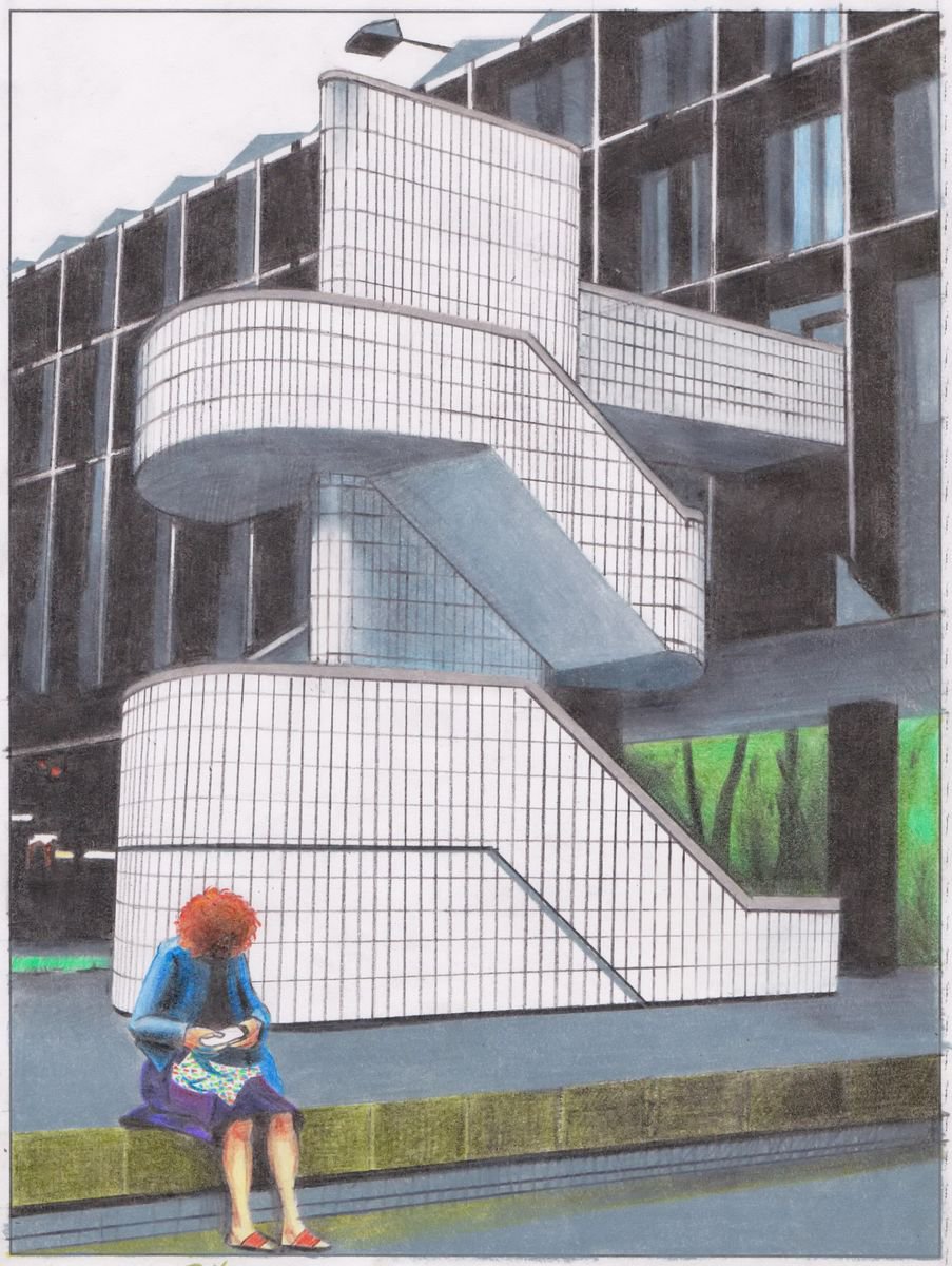 Graphic Cityscapes Pencil Drawing By Zoltan Till, 8 X 12", Ramp (Euston Bus Station), Original Artwork