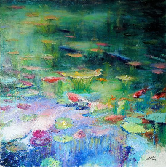 Japanese garden . Colorful reflexion Original oil painting