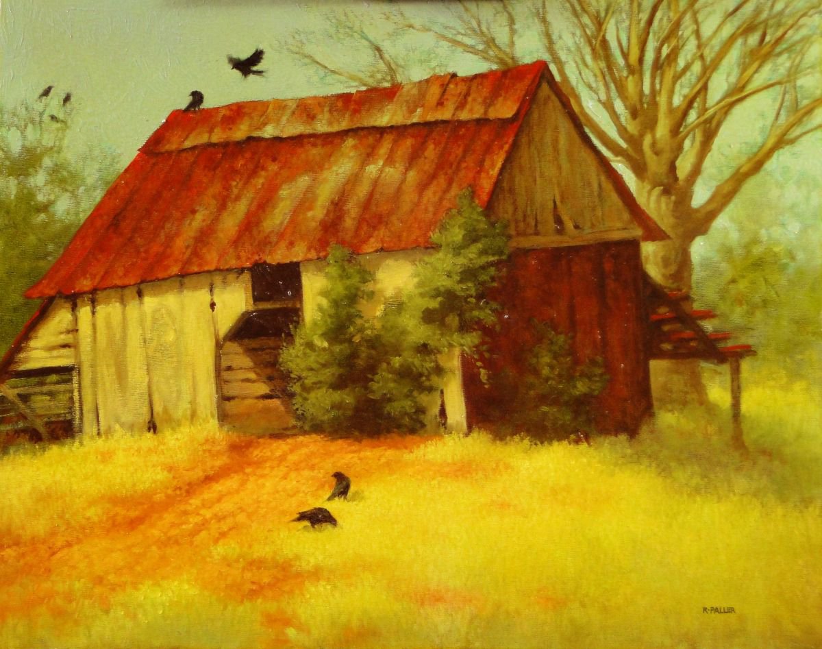 Impressionistic Landscape Oil Painting By Rick Paller, 20 X 16", Crows By The Barn, Original Artwork