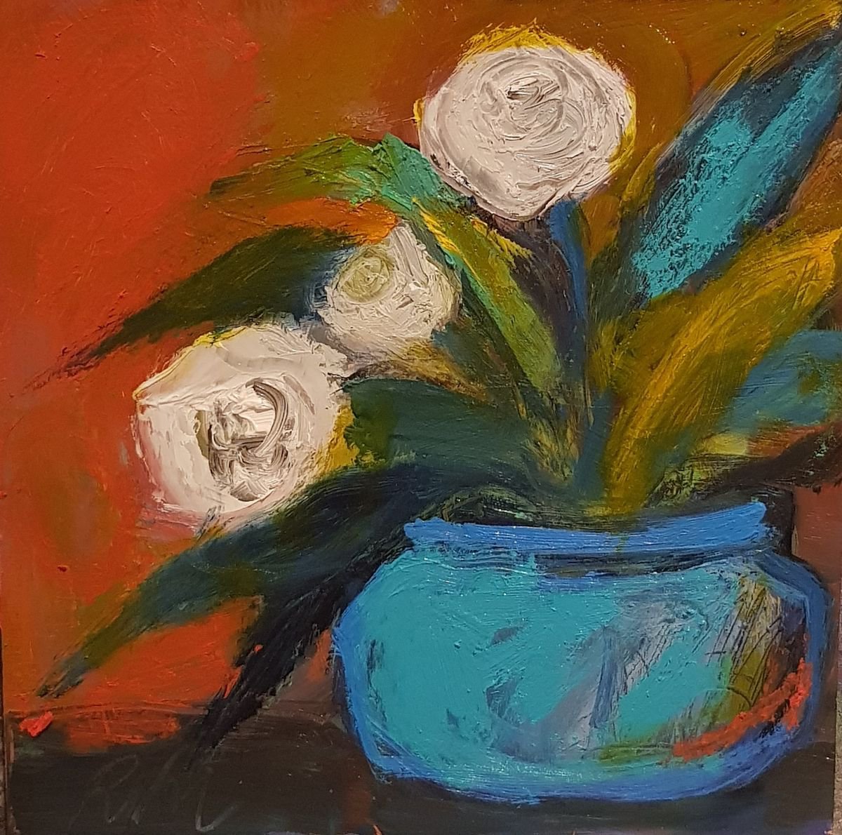 White flowers in a blue vase by Ritu