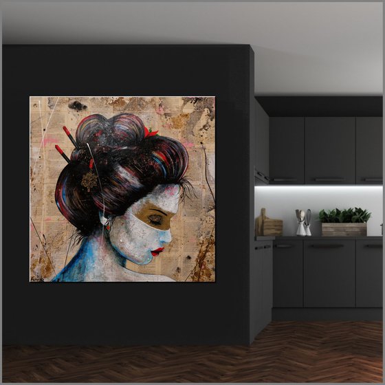 Calming Serenity 120cm x 120cm Geisha Book Page Urban Pop Art