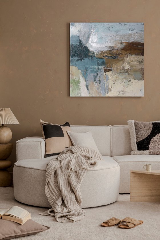 "Fall 6" Abstract blue brown silver art