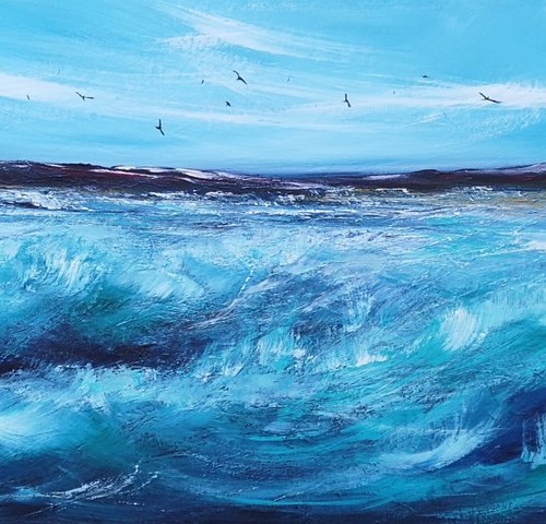 White Horses, A Winter Seascape, emotional, panoramic by Mel Graham