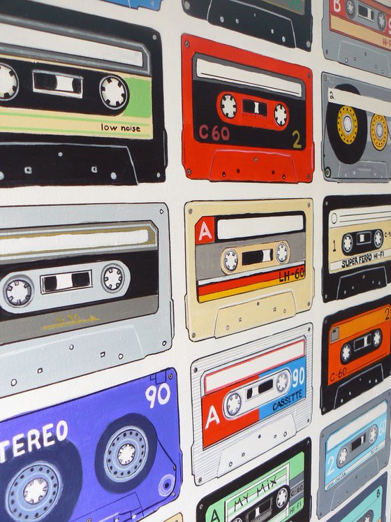 My mix (cassette tapes, retro music, 70's, 80's rock culture, large canvas artwork)