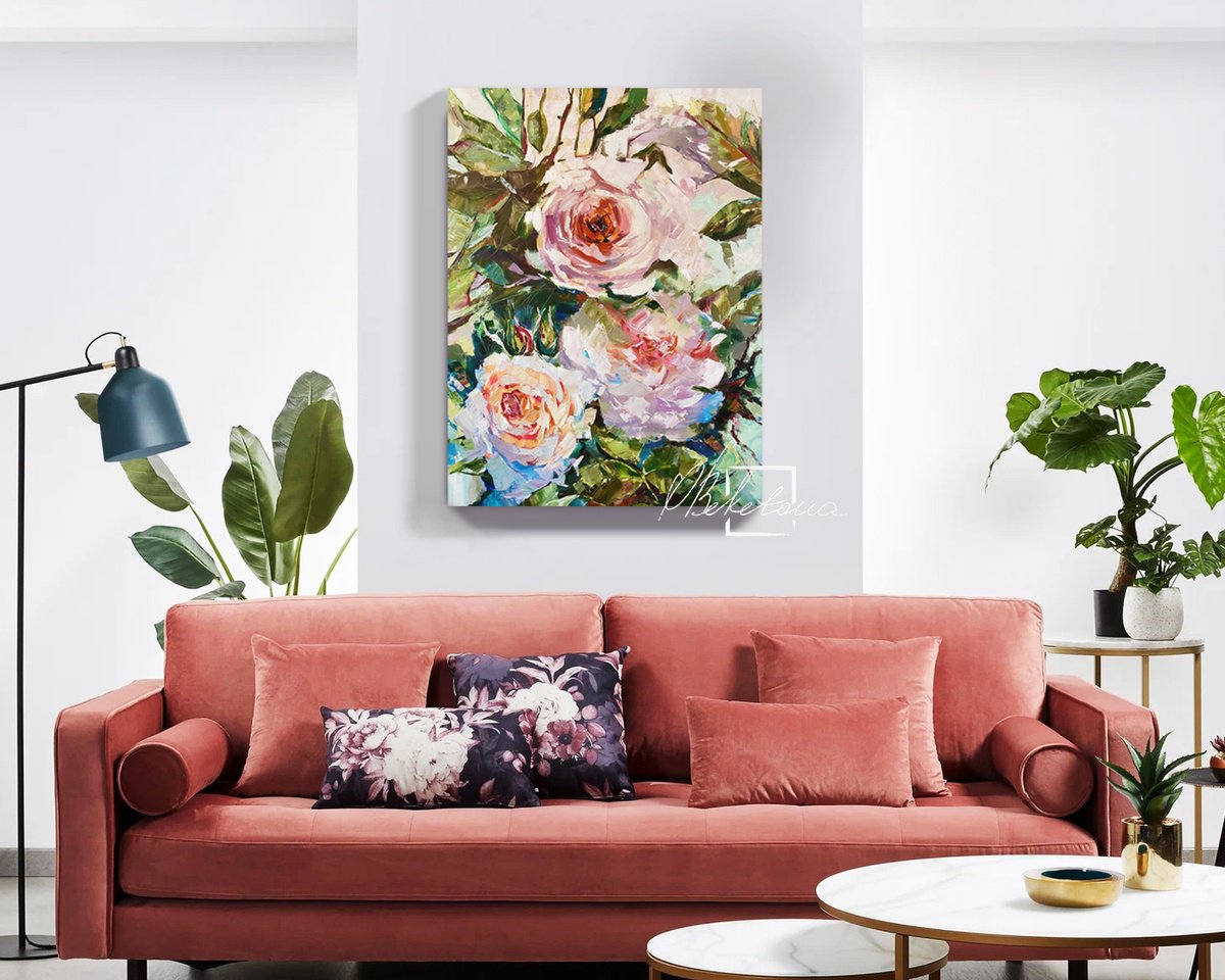 Impressionistic Botanical Oil Painting By Olga Beketova, 24 X 31", Roses Poem, Original Artwork
