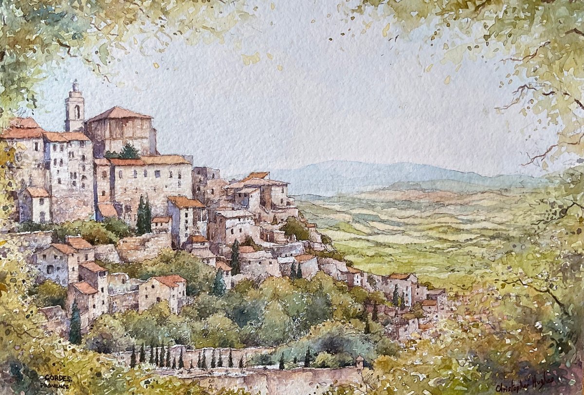 Landscape Watercolour By Christopher Hughes, 14 X 10, Gordes. Provence. France, Original Artwork