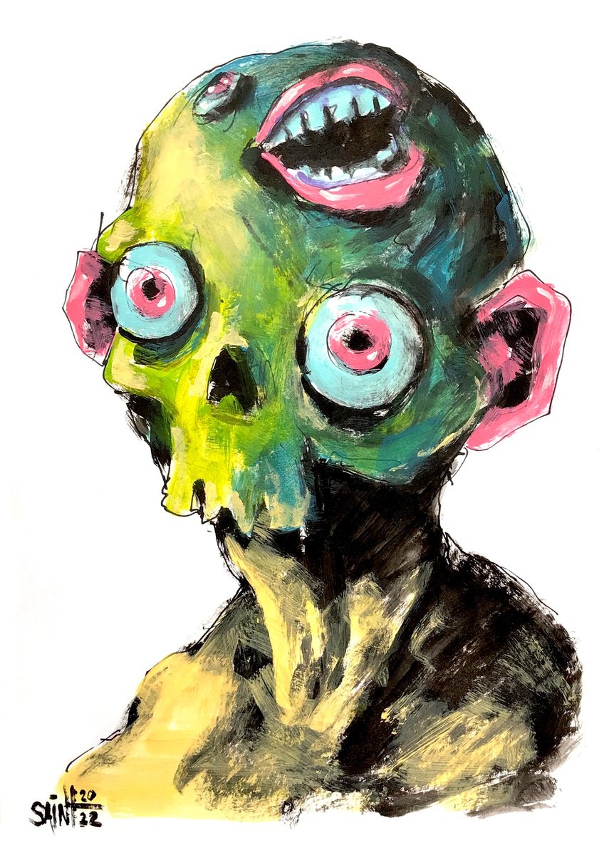 #18 Abstract zombie portrait painting original art, Horror Naive Outsider Folk Art Brut St... by Ruslan Aksenov