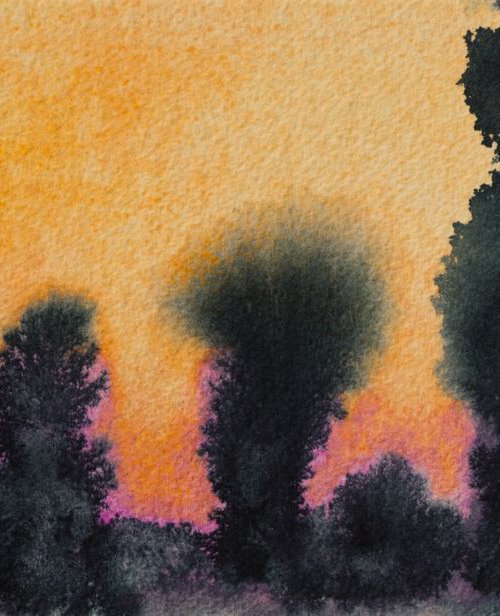 Trees in the evening - watercolor ideal gift affordable low price original art deco design by Fabienne Monestier