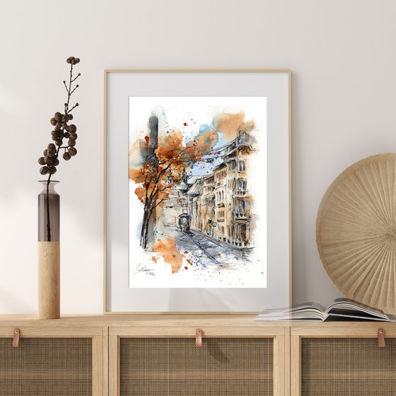 Architecture Sketch - Street and Autumn tree