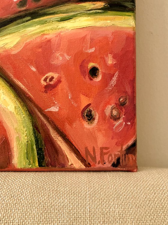 WATERMELON SUGAR, Original Orange and Pink Vibrant Watermelon Still Life Oil Painting