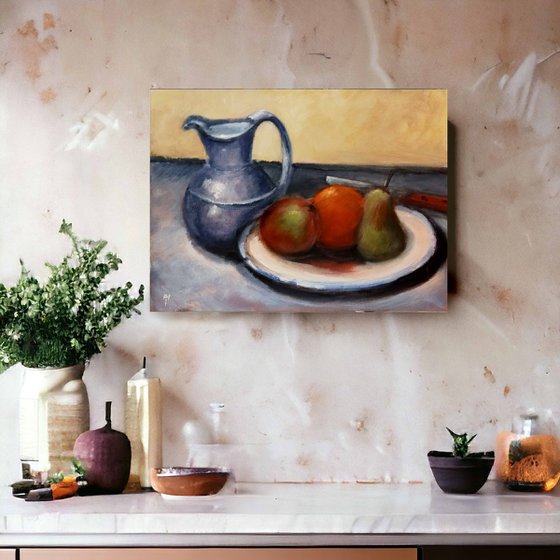 Still life with pewter jug and fruit