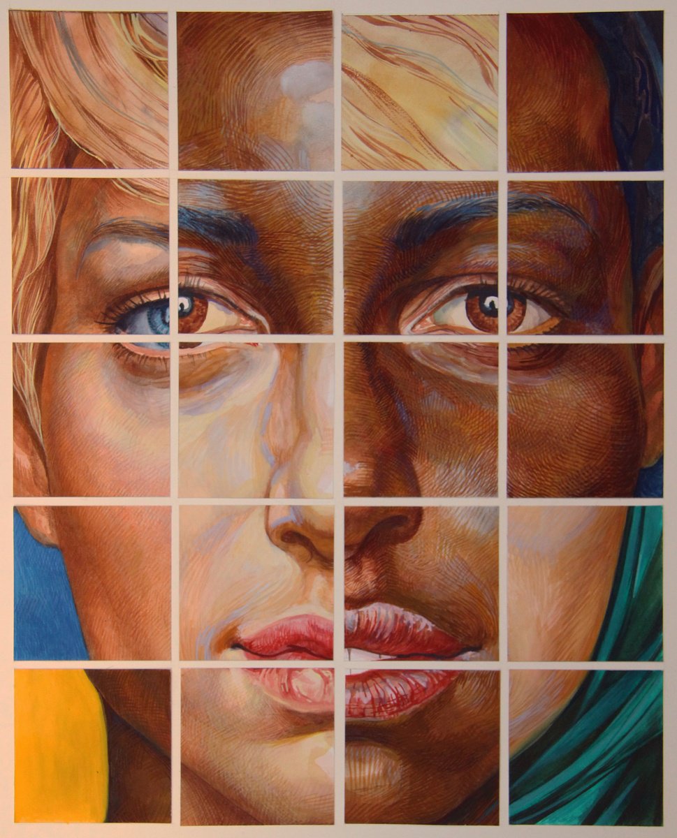 Geometric Portrait Acrylic Painting By Yaroslav Kurbanov, 20 X 28", Globalization 2, Original Artwork