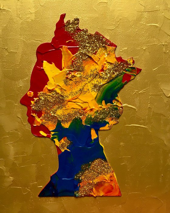 Queen Elizabeth abstract portrait #107 on gold, Royal Standard colours, inspired by Queen Elizabeth II