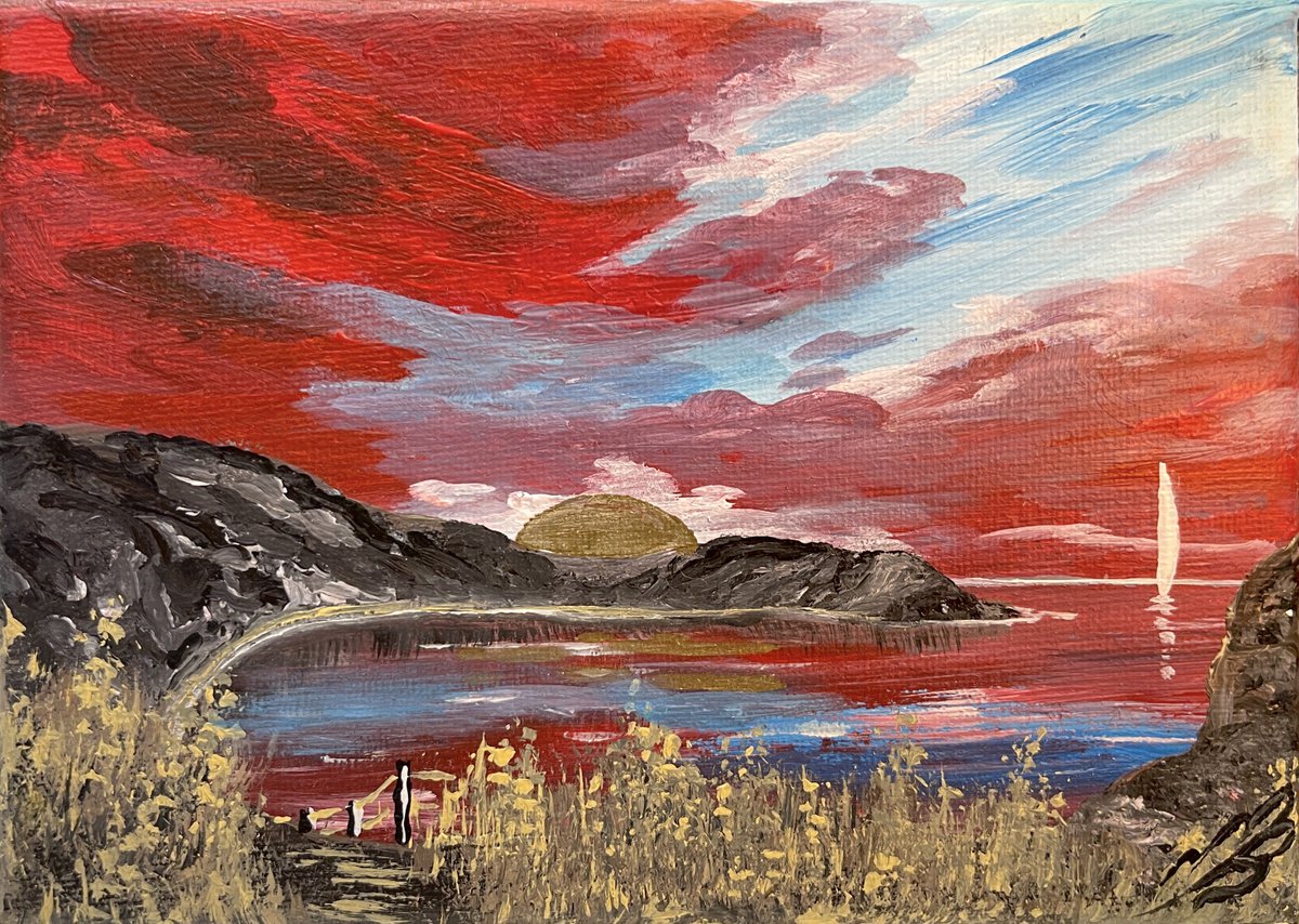 Red Sunrise over Lulworth Cove on a mini Canvas by Marja Brown